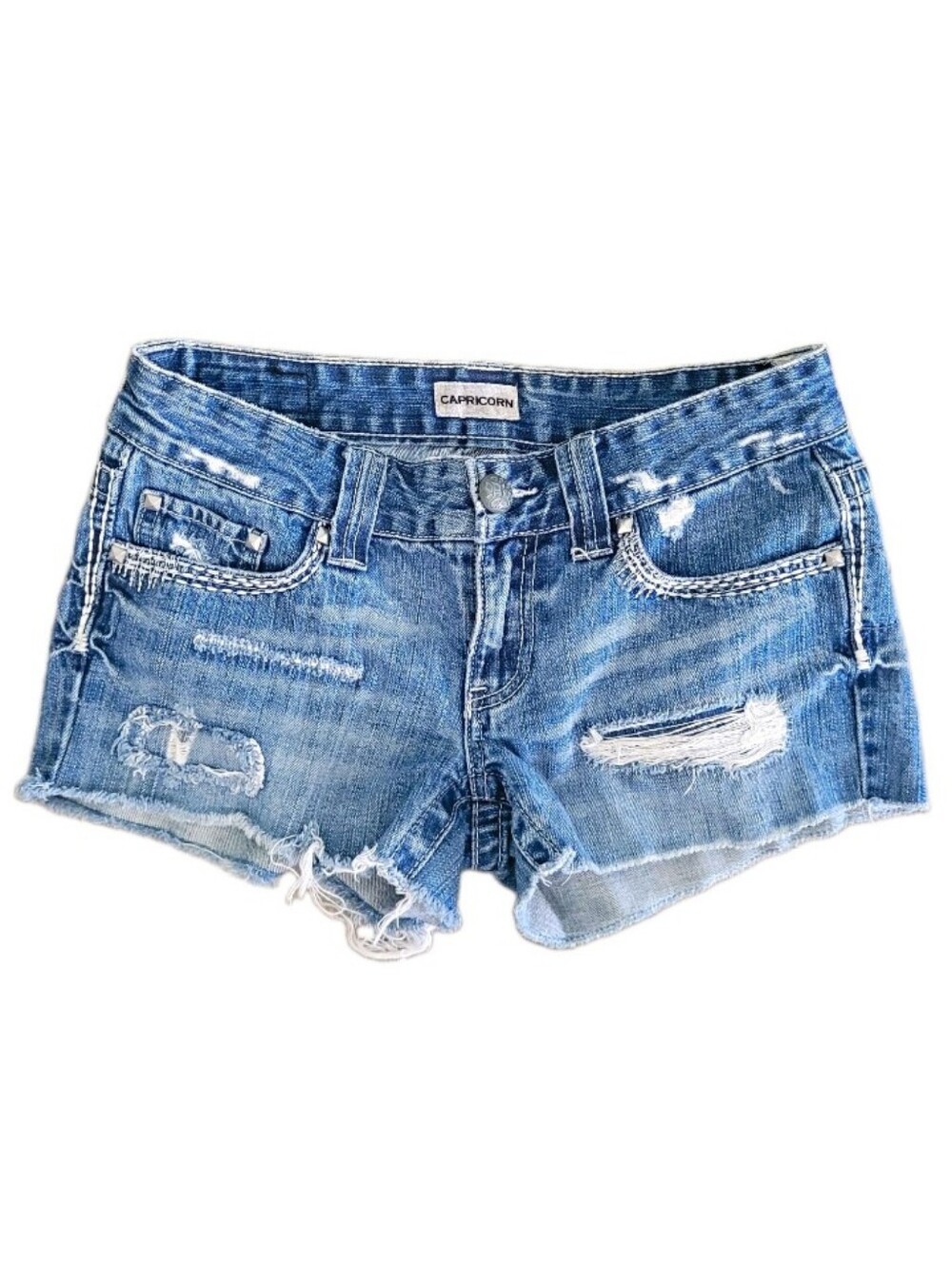 Daytrip Capricorn Women's Blue Distressed Denim Cut Off Shorts Size 27 y2k micro